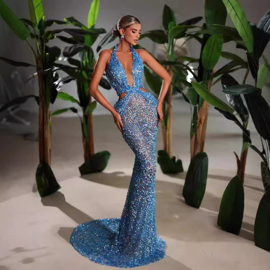 Sky Blue Halter Deep V-Neck Slimming Sequin Evening Dress S-L