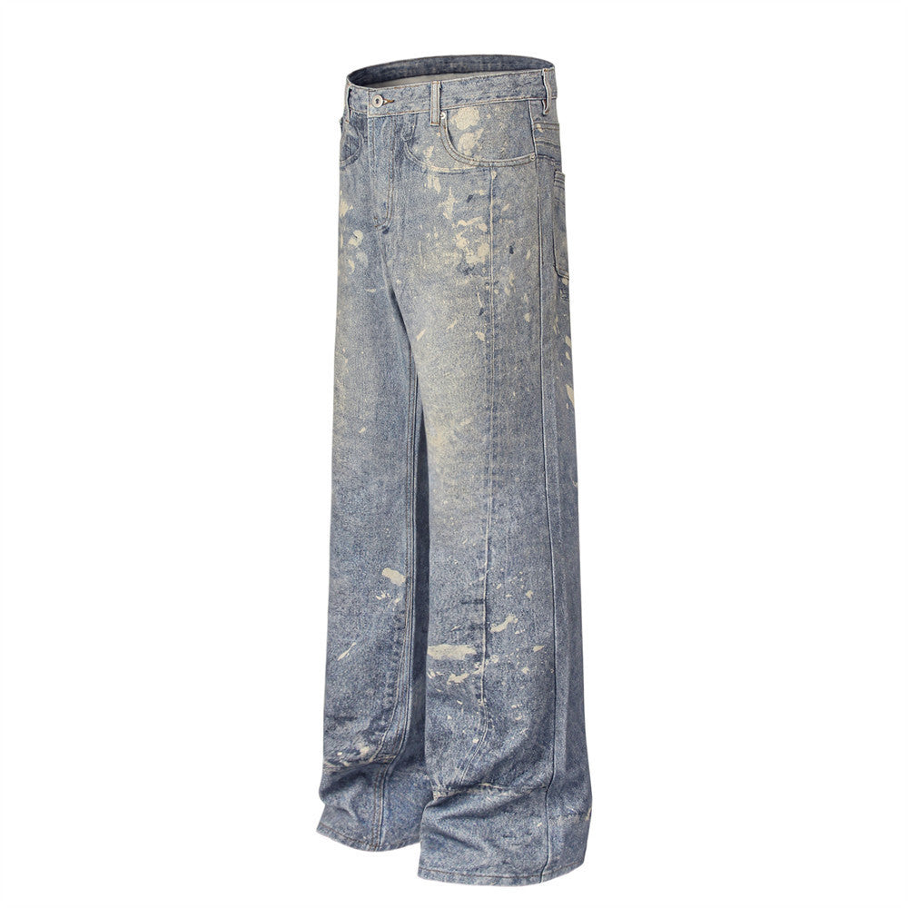 Jeans bleus taille mi-haute amples personnalisés graffiti pour homme