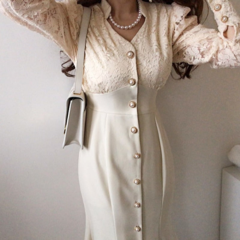 Elegant Chic Lace Stitching Long Sleeve Dress