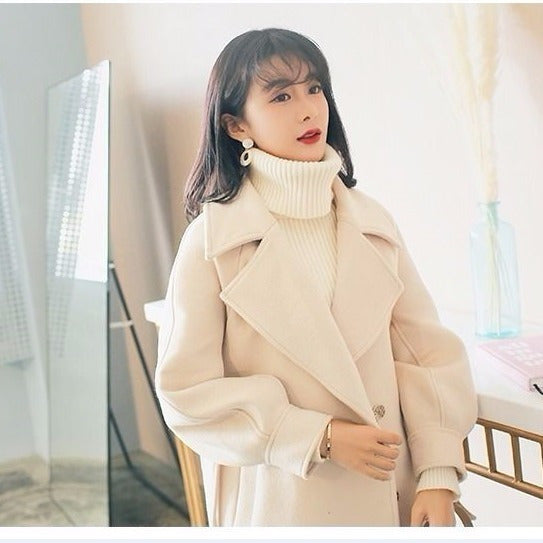 Women’s Autumn Winter Thickened Woolen Coat with Cinched Waist