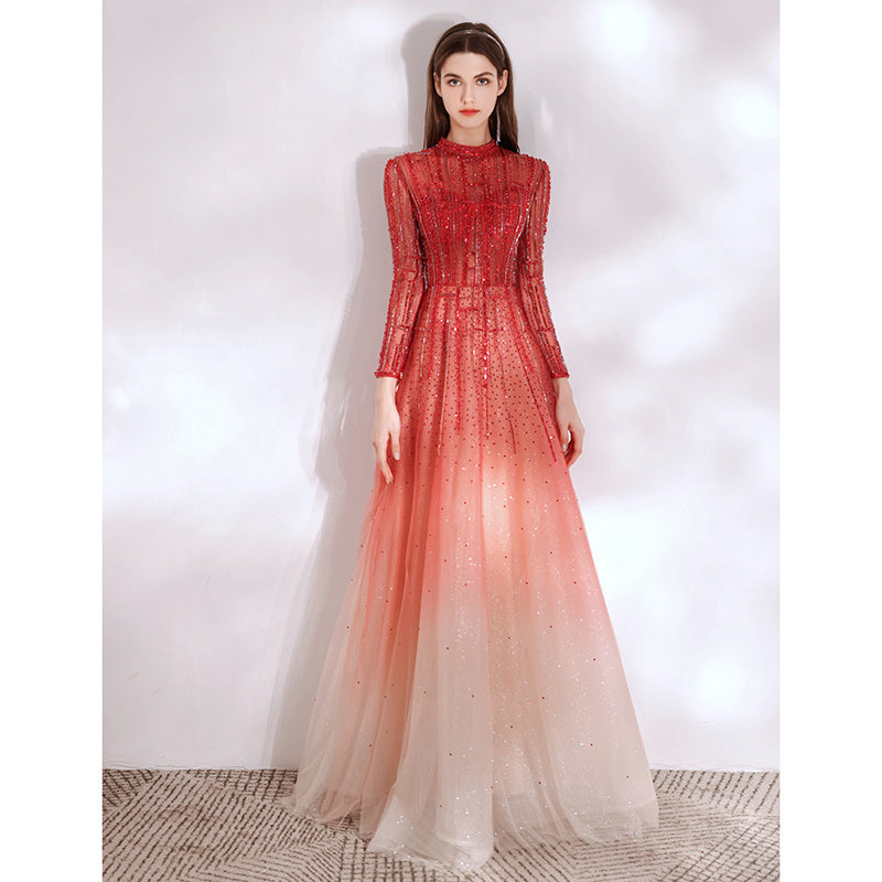 Robe de soirée longue à manches longues dégradé rouge pour femme