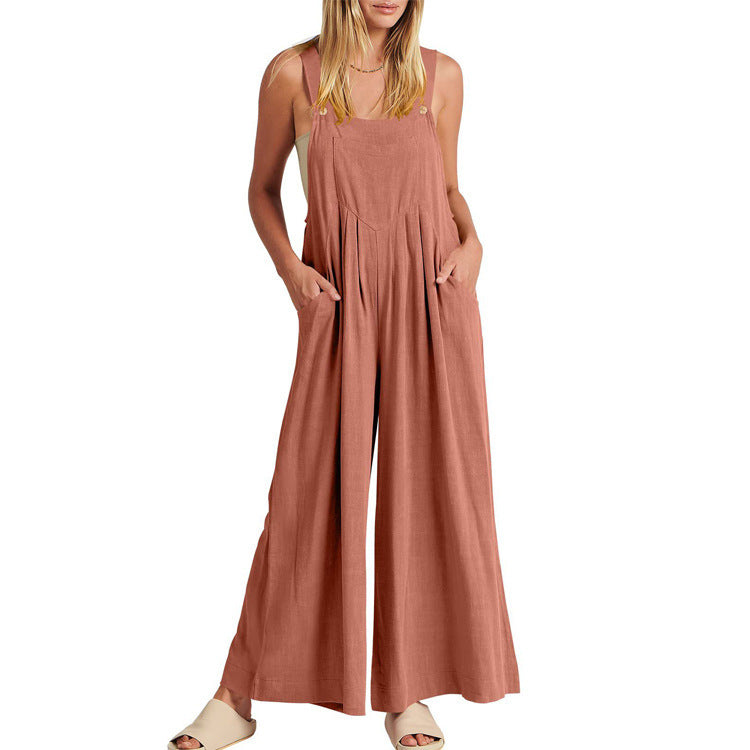 Sling Solid Color High-Waist Pocket Trousers Jumpsuit