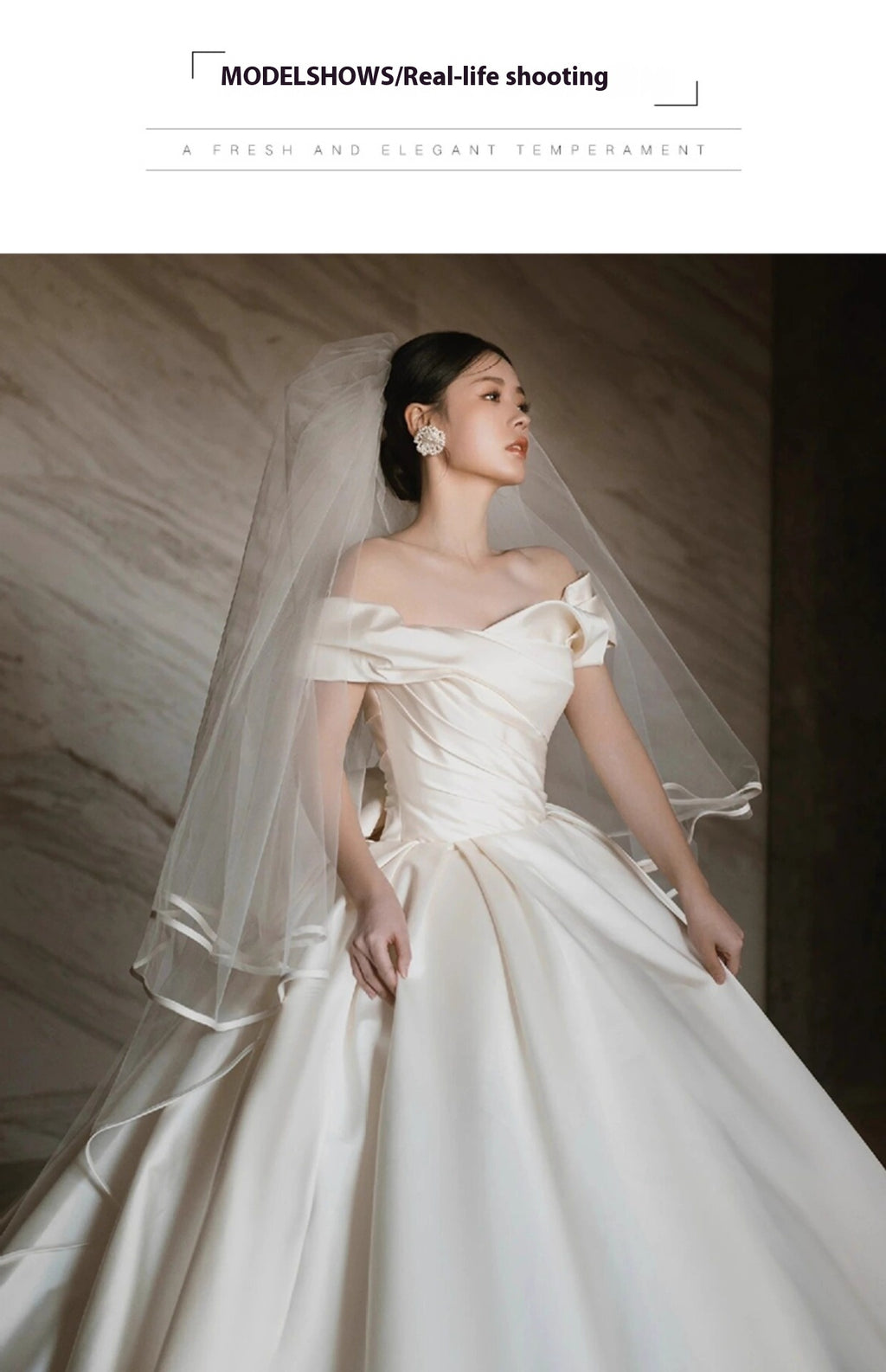 Robe de mariée en satin à épaules dénudées avec manches trois-quarts, jupe longue, tailles S-XXL