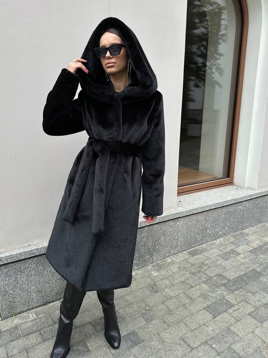 Long Hooded Artificial Fur Coat for Women in White, Black & Brown