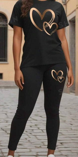 Slayr Women's Heart Printed Short Sleeve T-Shirt And Leggings Set For New Year Clothes