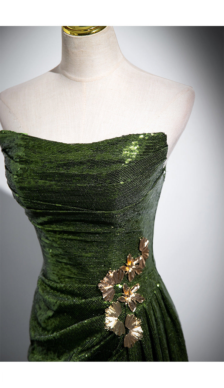 French Evening Women's Dark Green High Waist Slim Bridal Dress
