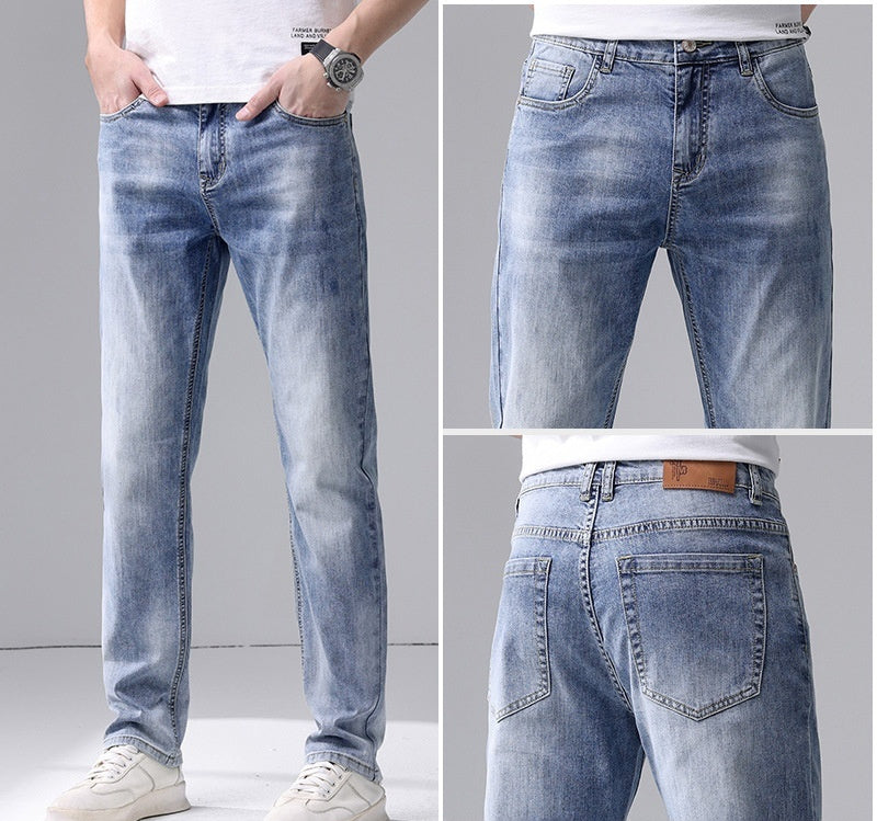 Men's Slim Fit Straight Jeans Mid Waist Cotton