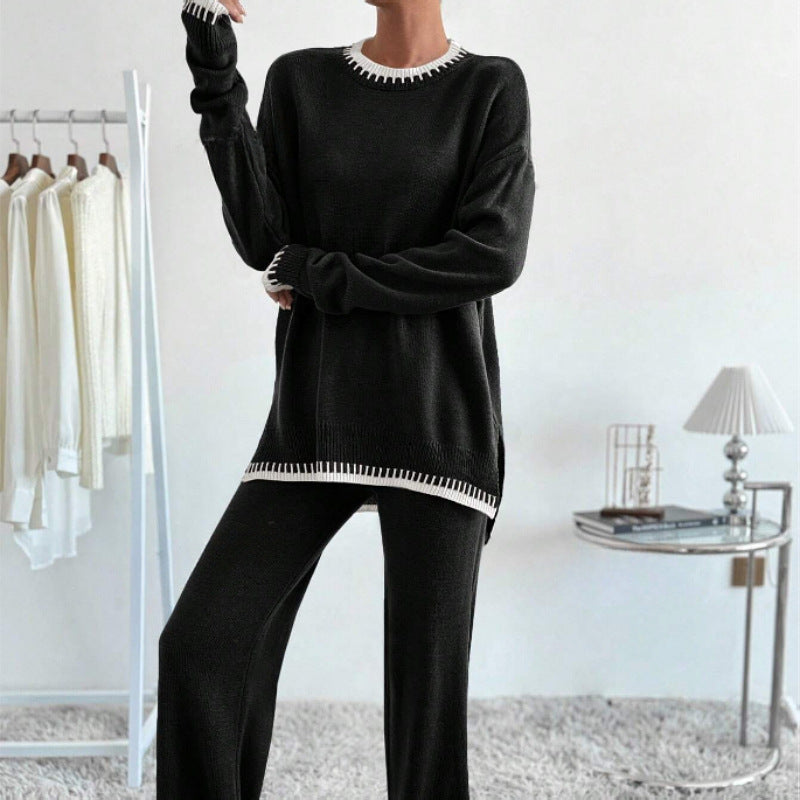 Women's Contrast Color Knitted Sweater Trousers Two-piece Set