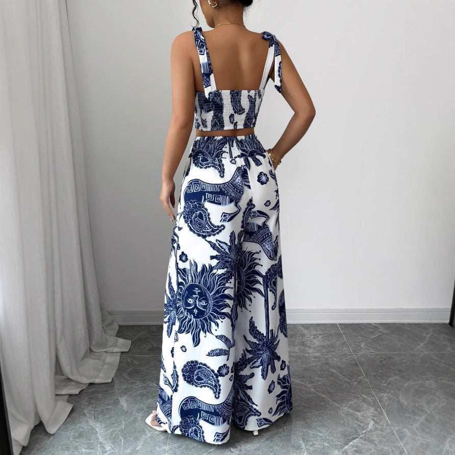 Sexy V-Neck Strap Vest with Loose Wide Leg Pants Set