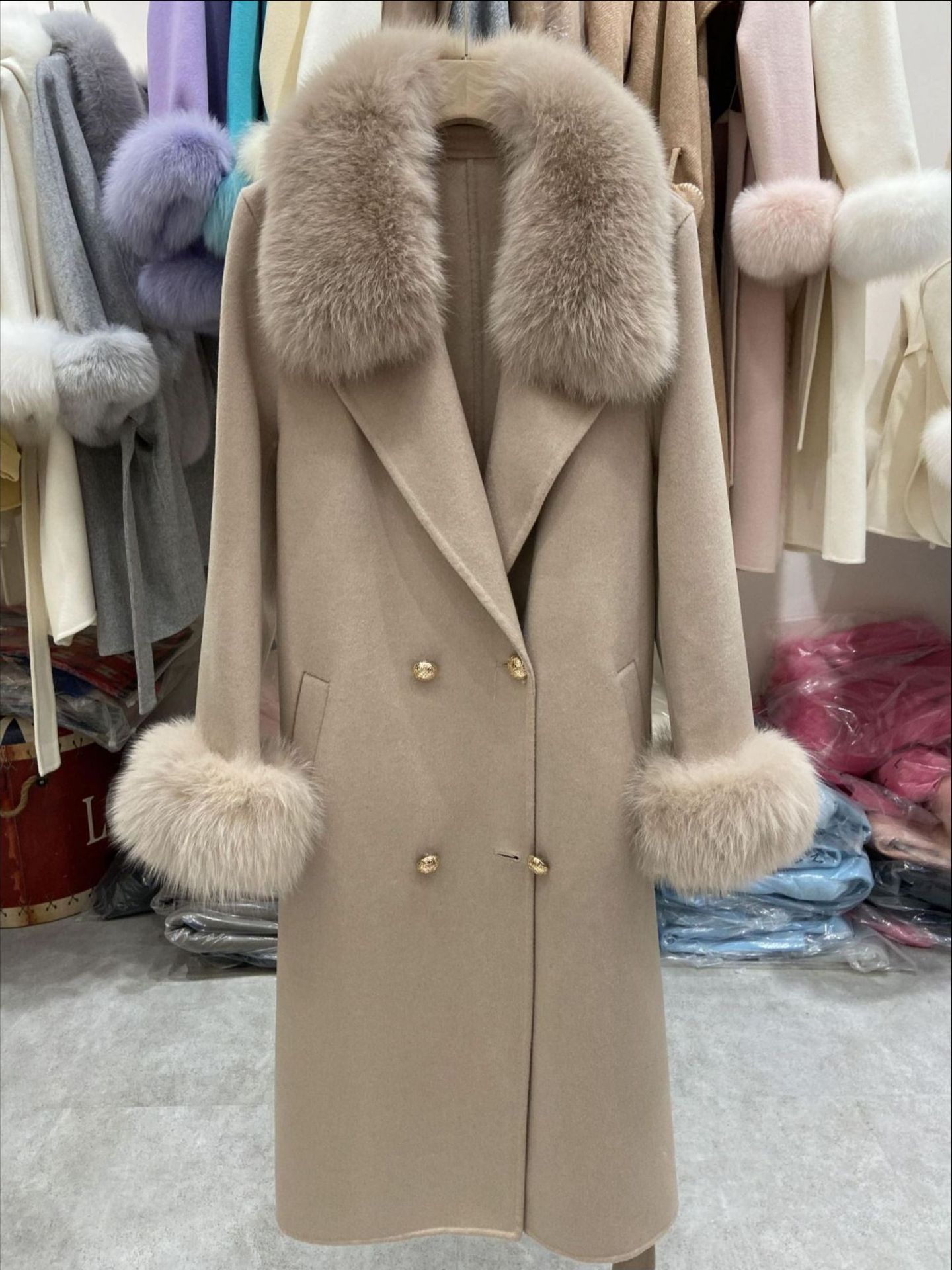 معطف صوف طويل بقصة ضيقة بوجهين وياقة من فرو الثعلب للنساء، مقاسات S-XL