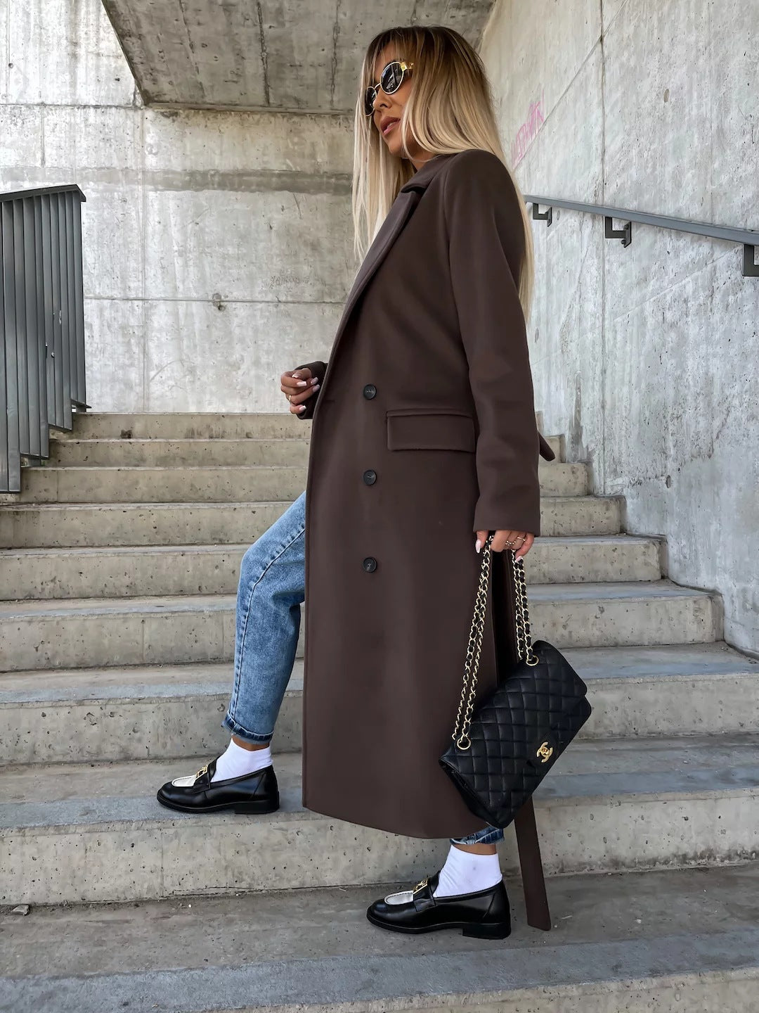 Double-Breasted Lapel Belted Long Sleeve Winter Jacket for Women