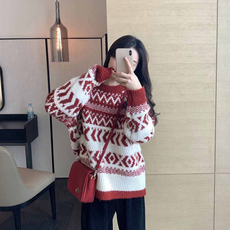 Loose Red Pullover New Year Sweater Top with Round Neck