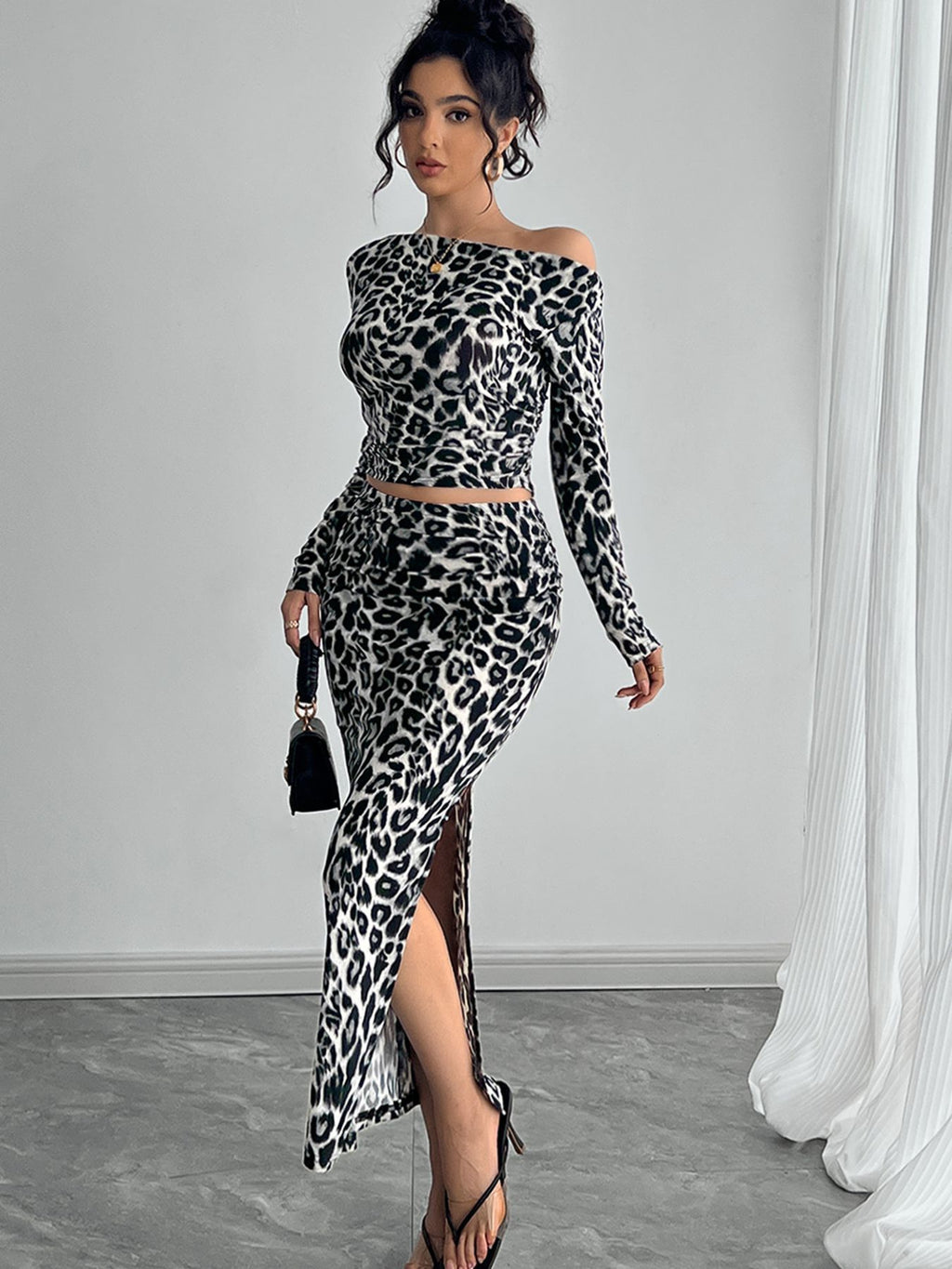 Leopard Print Two-Piece Fitted Maxi Dress Suit in Gray