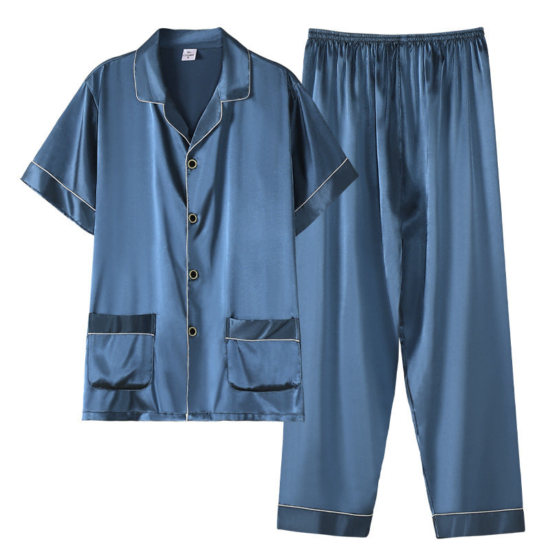 Men's Summer Thin Ice Silk Short Sleeve Homewear Suit with Trousers