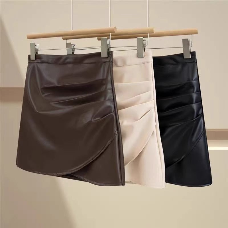 Women's High Waist PU Leather Ruffle Hip Short Skirt