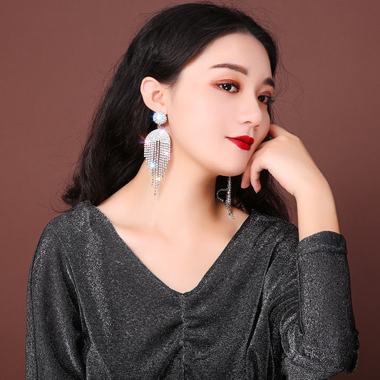 Silver Pin Earrings Exaggerated Long Tassel