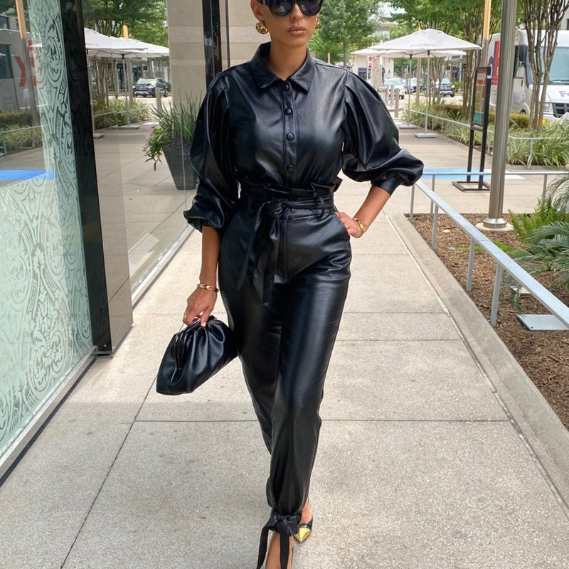 PU Leather Long-Sleeve Two-Piece Suit for Women