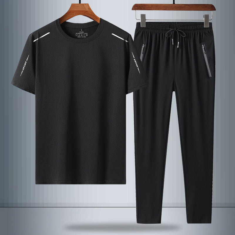 Men's Ice Silk Quick-Dry Two-Piece T-Shirt & Trousers Set