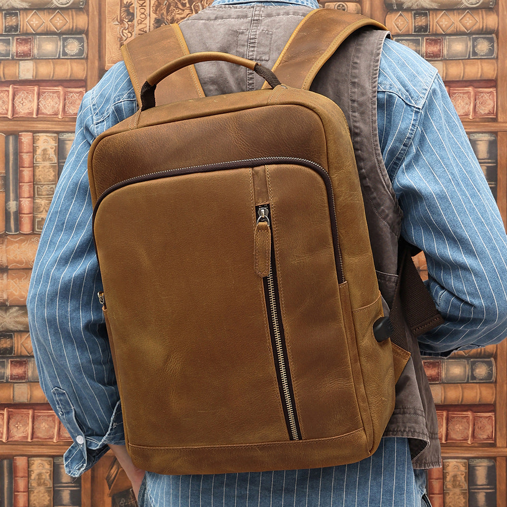 Men's Casual Large Capacity Genuine Leather Outdoor Backpack Brown