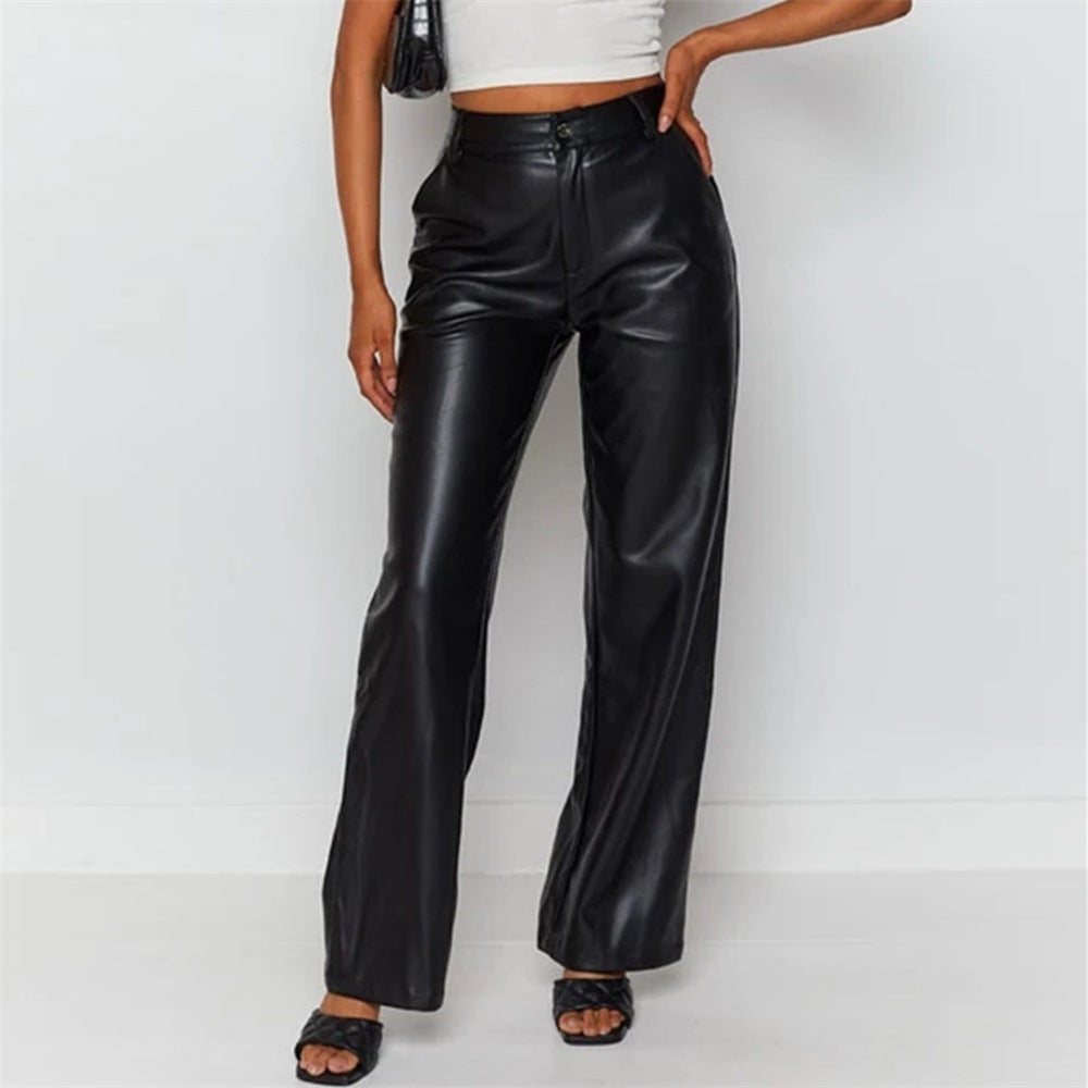 Pantalon en similicuir taille haute, coupe ample, jambes larges, style décontracté
