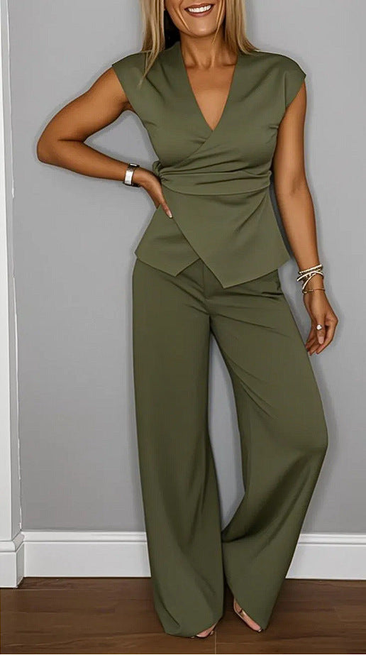 Women's V-Neck Sleeveless Belt Buckle Two-Piece Set Solid Color