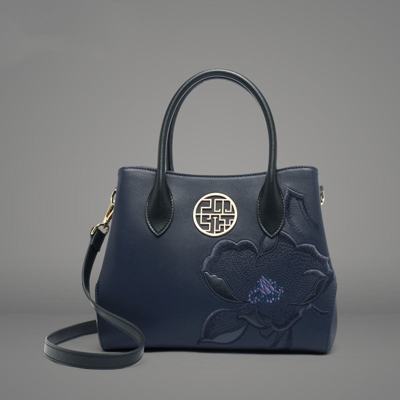 Mother's Day Birthday Gift Tote Bag for Mom – Red & Dark Blue Leather, Zipper Closure, 23cm x 30cm