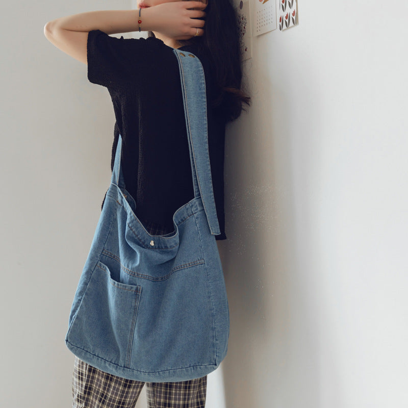 Washed Denim Large-Capacity Crossbody Bag in Dark Blue, Black, Light Blue