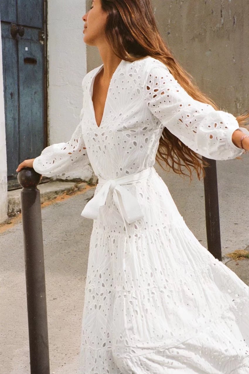 European & American White Cotton Embroidered Midi Dress with Long Sleeves and V-Neck