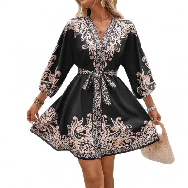 Women's V-Neck Lace-Up Mid Waist Dress with Sequins, Long Sleeve, Apricot Black White Blue Print, Sizes S-XXL