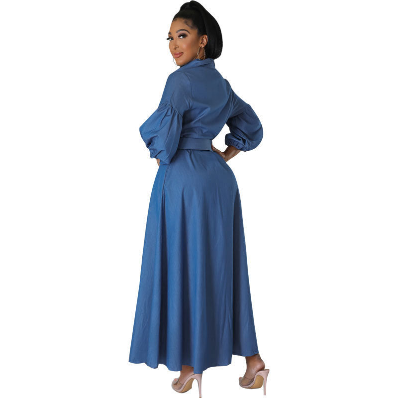 Women's Blue Denim Long Sleeve Shirt with Belt