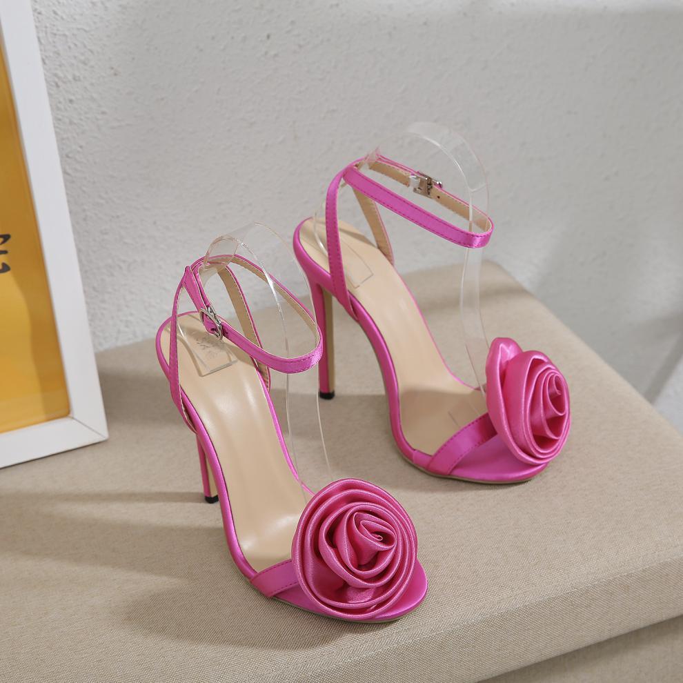Rose Red Satin Minimalist Flower Stiletto Sandals