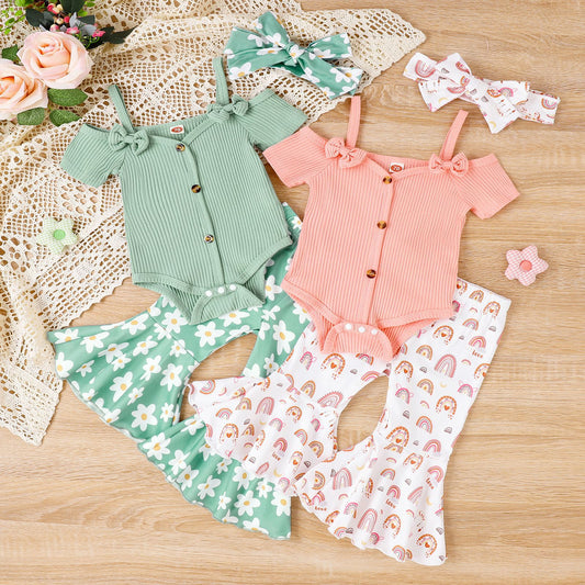Mini Girls Solid Color Off-Shoulder Top & Floral Bell-Bottom Pants Set