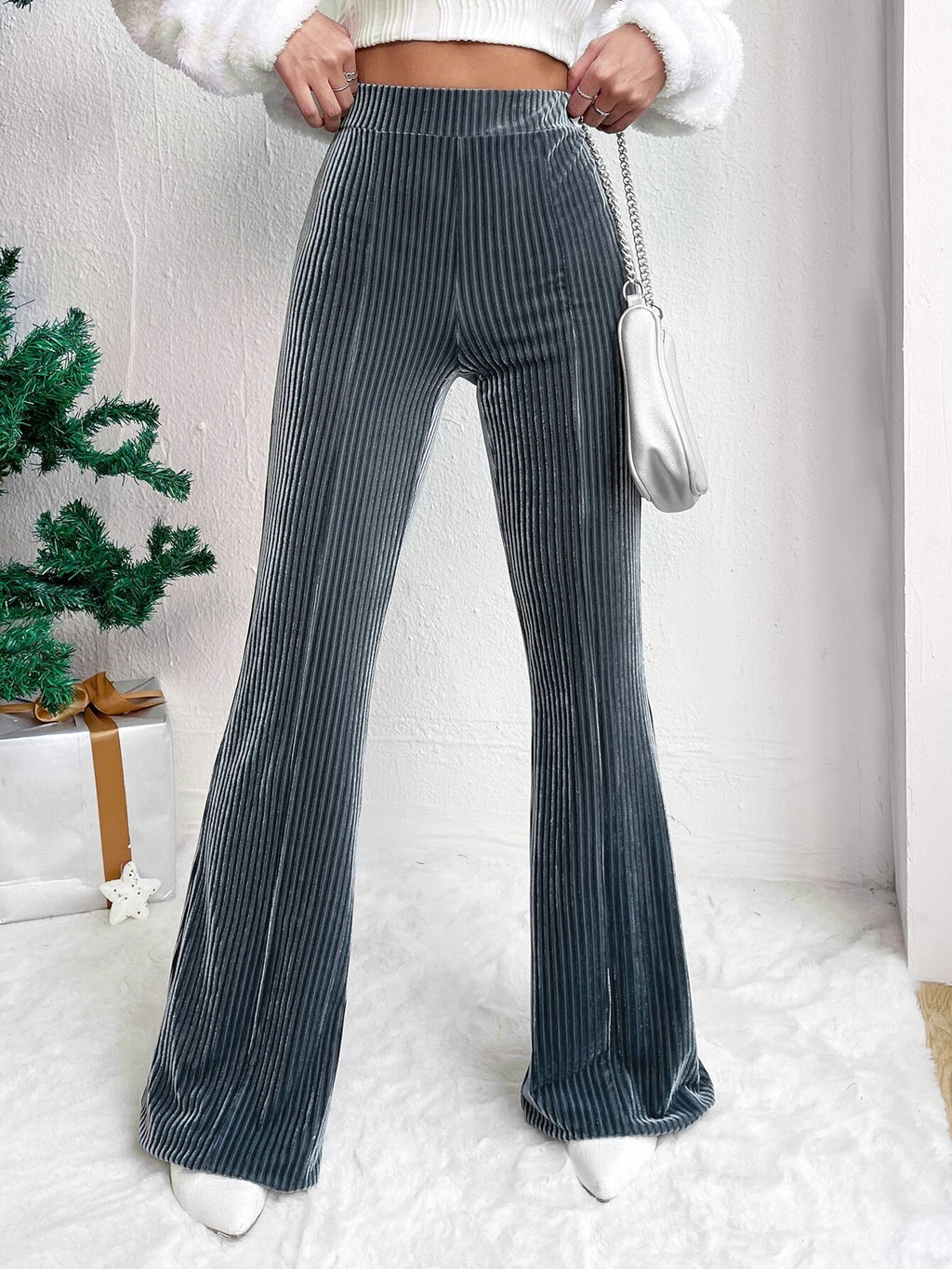Pantalon patte d'éléphant en velours côtelé taille haute pour femme Jambe large