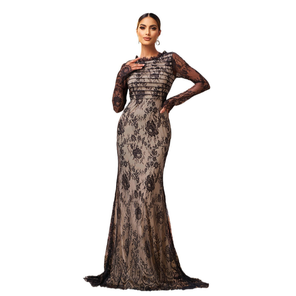 Long Sleeve Round Collar Black Gauze Fishtail Evening Dress