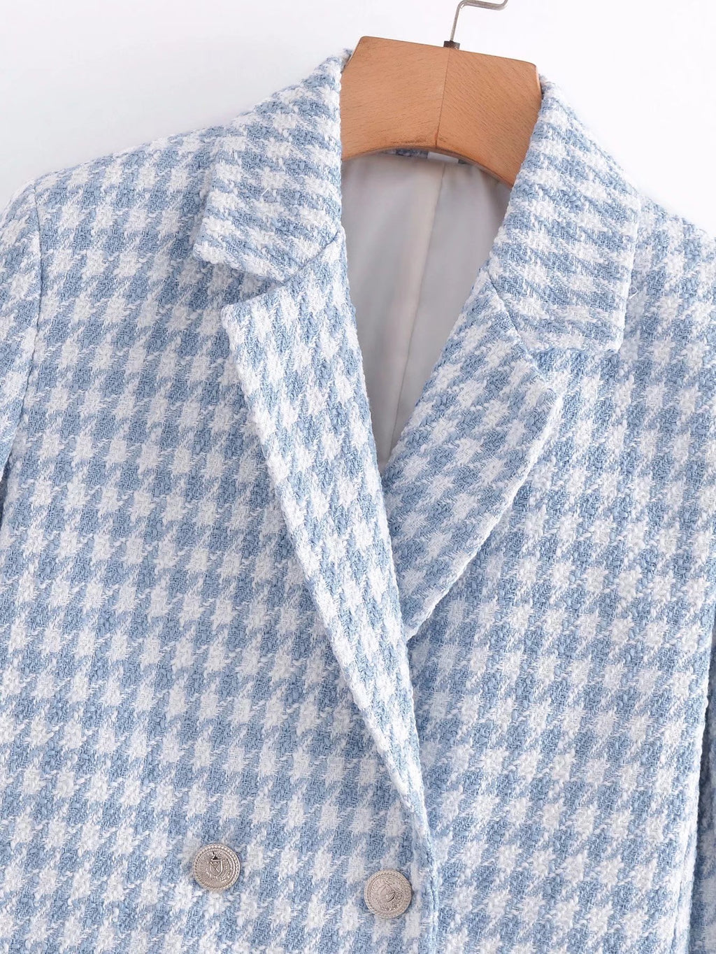 Women’s Slim Short Suit Coat in Light Blue Checker with Thousand Bird Pattern