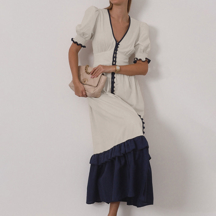 Robe-cardigan en lin abricot avec manches à volants contrastantes