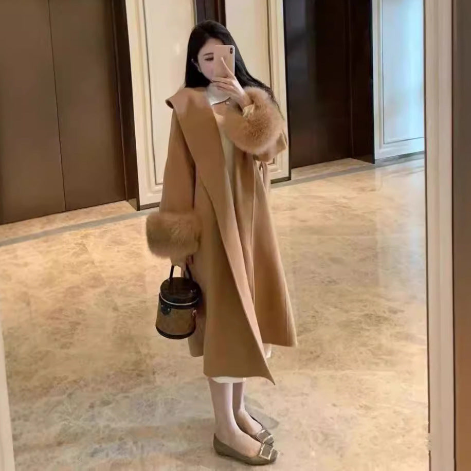 Double-Sided Mink Cashmere Long Coat with Large Lapel