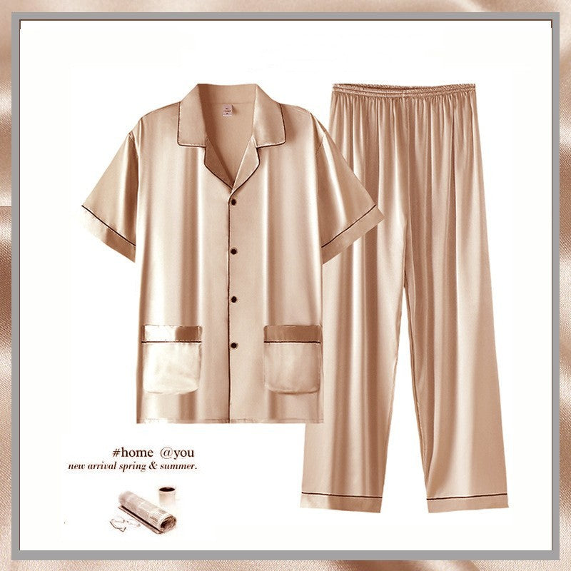 Men's Summer Thin Ice Silk Short Sleeve Homewear Suit with Trousers
