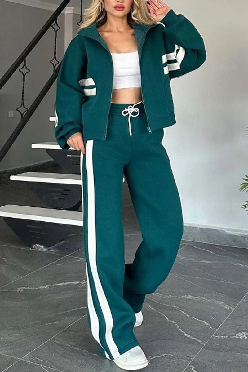 Women’s Casual Striped Zipper Coat and Trousers Set