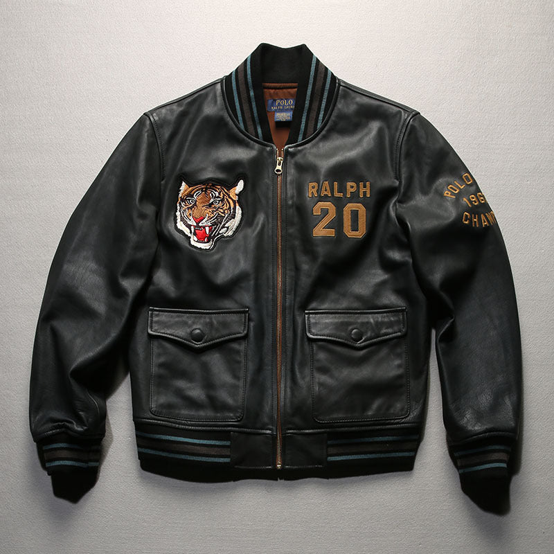 Men's Black Sheepskin Casual Standing Collar Leather Jacket