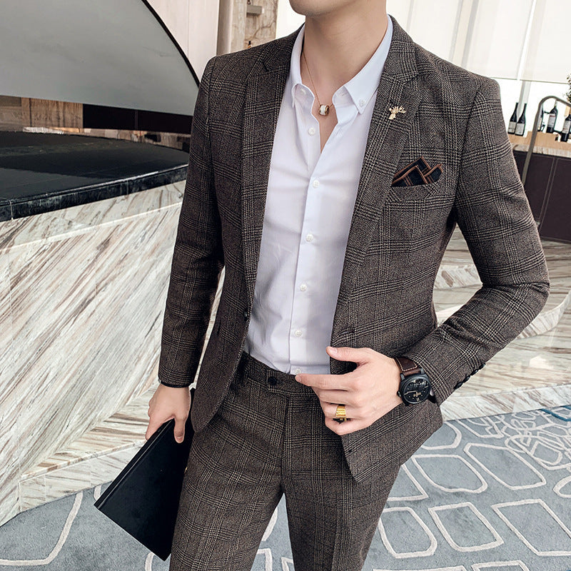 Men's Slim Fit Casual Plaid Two-Piece Suit