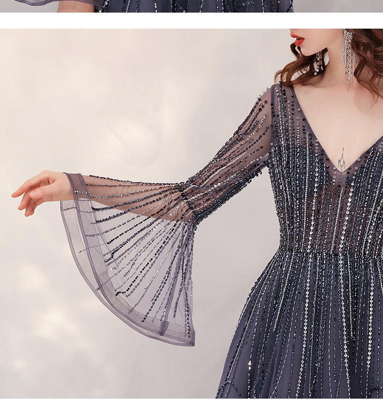 High-End Luxury Evening Dress for Banquet with Trumpet Sleeve and Zipper