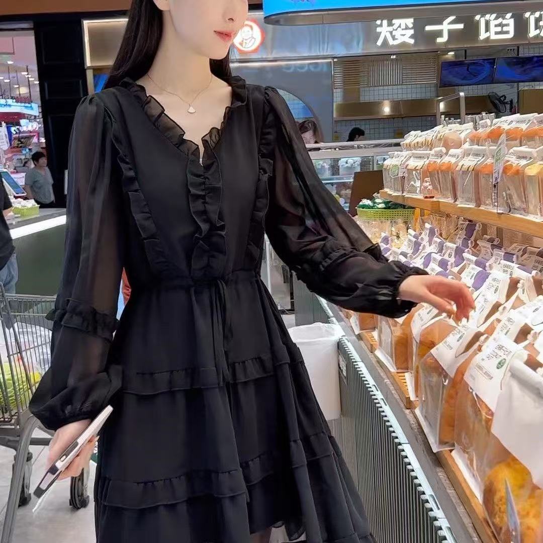 Solid Color Versatile French Black Dress Summer Women