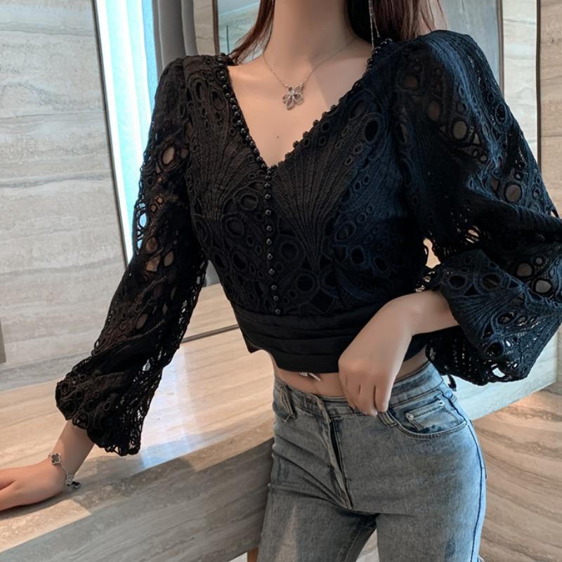 French Palace Lace Cotton V-Neck Shirt for Women, Short Length, Long Sleeve, White & Black, Sizes S-M