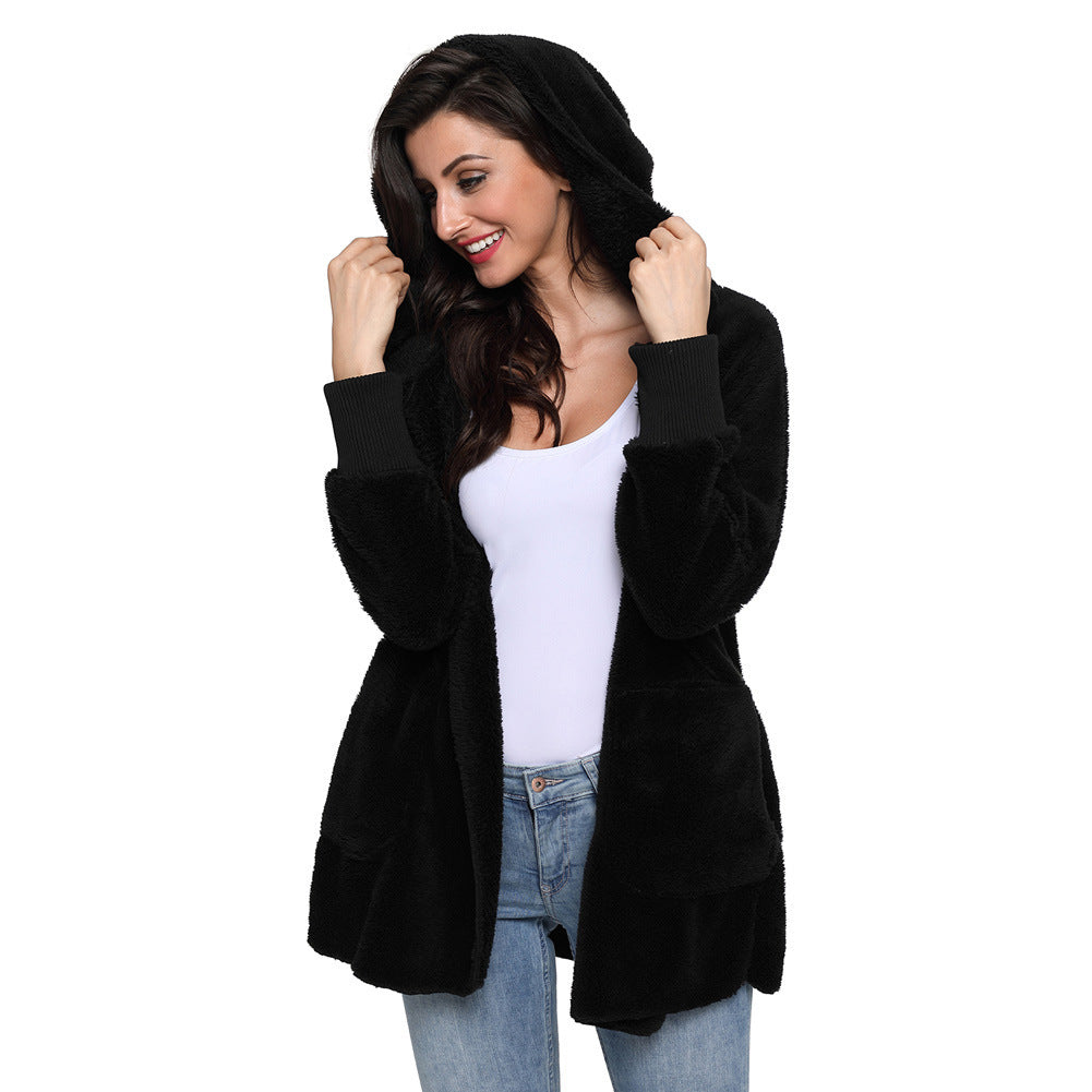 Casual Women's Hooded Solid Color Warm Plush Jacket