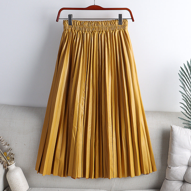 High Waist Mid-Length PU Leather Pleated Skirt for Women Solid Color