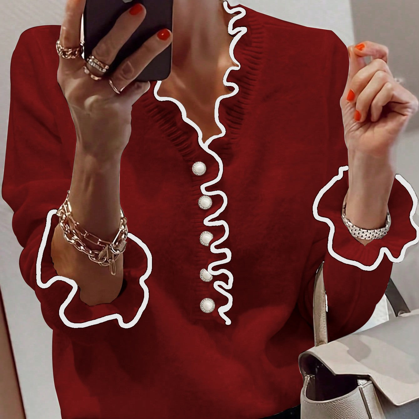 Women's Long Sleeve V-Neck Bell Sleeve Sweater Pullover