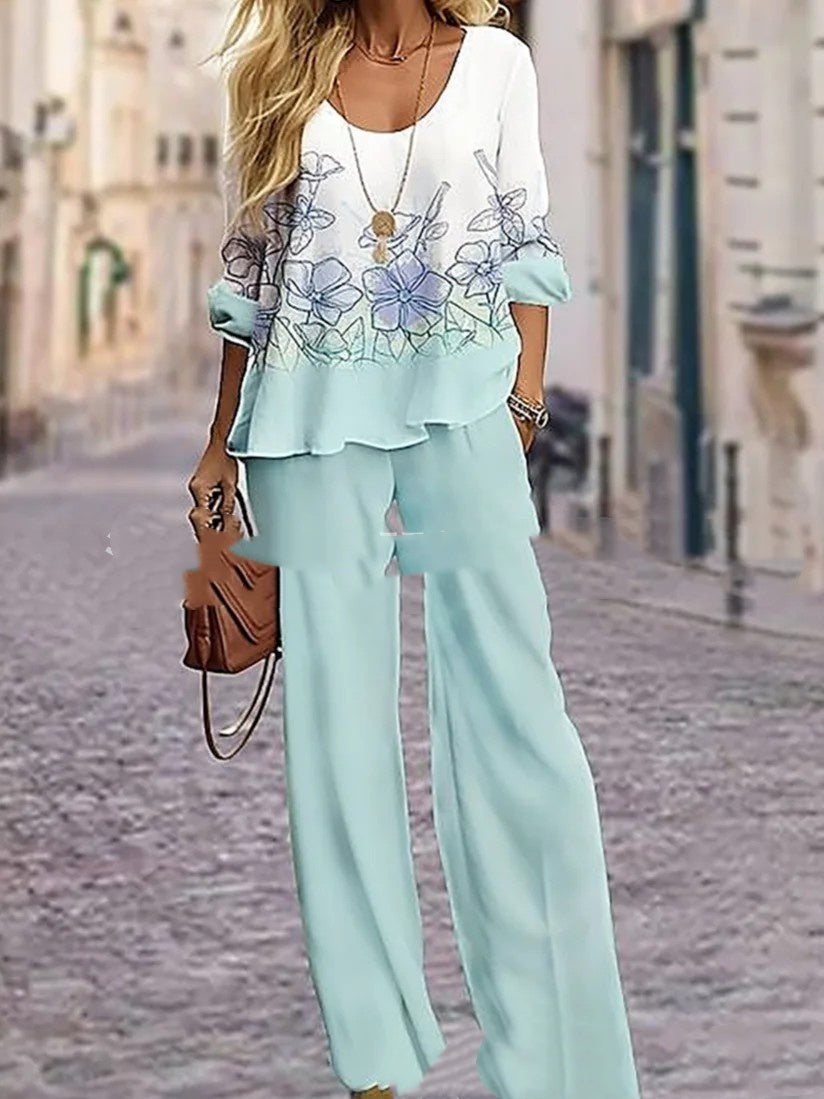 Ensemble Femme Haut Col Rond Manches Courtes Imprimé & Pantalon Allongé