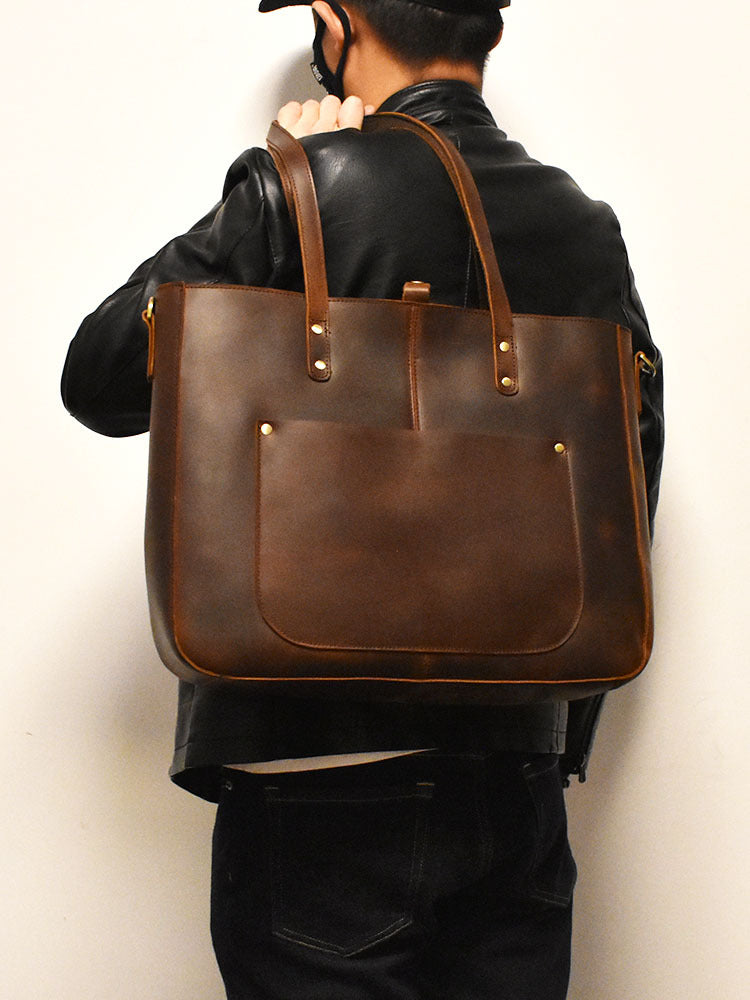 Vintage Crazy Horse Leather Handbag Large Capacity Coffee Color
