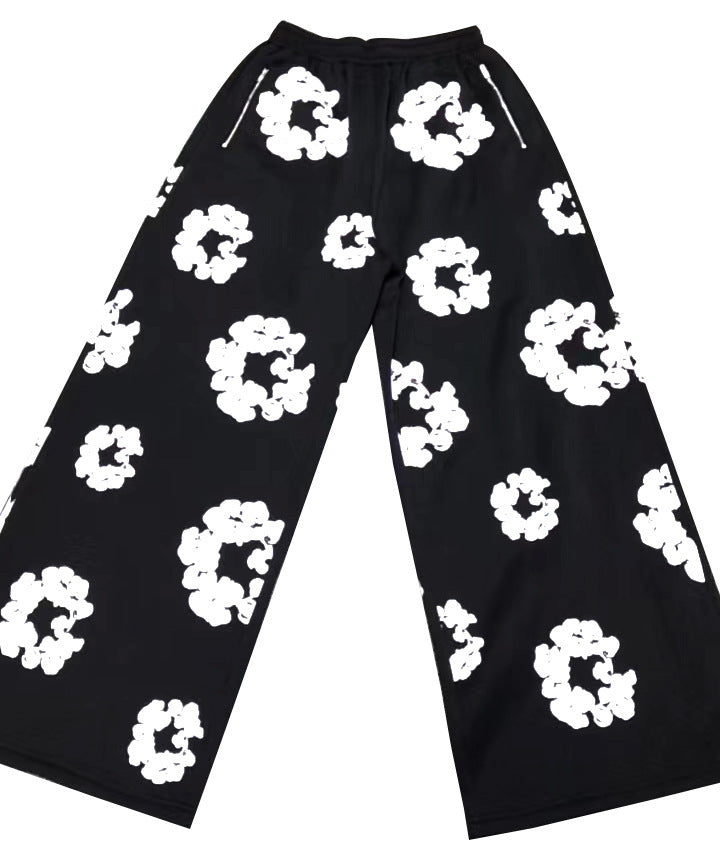 Women's Loose Black Casual Sweatpants with Offset Printing